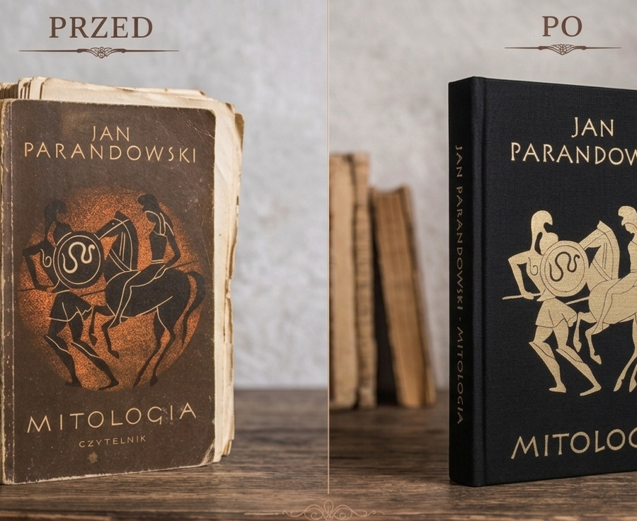 Renowacja książki Mitologia Jana Parandowskiego przed i po oprawie introligatorskiej